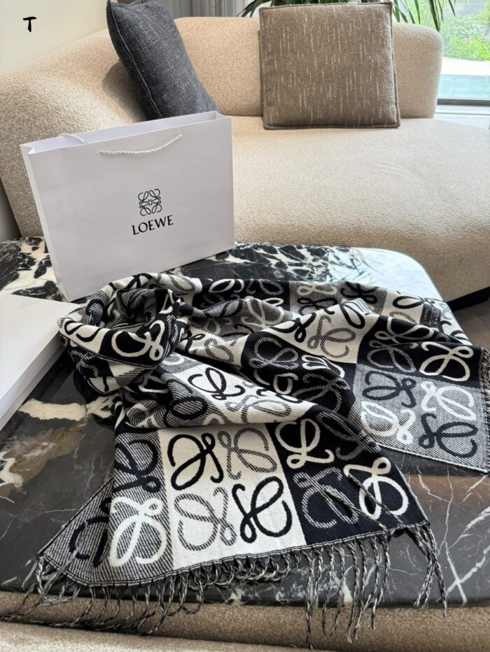 Loewe Black And Grey Check Wool Scarf For Men Great Value For Money Comes With Boxed Tote Bag - Image 1