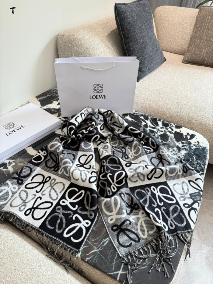 Loewe Black And Grey Check Wool Scarf For Men Great Value For Money Comes With Boxed Tote Bag - Image 9