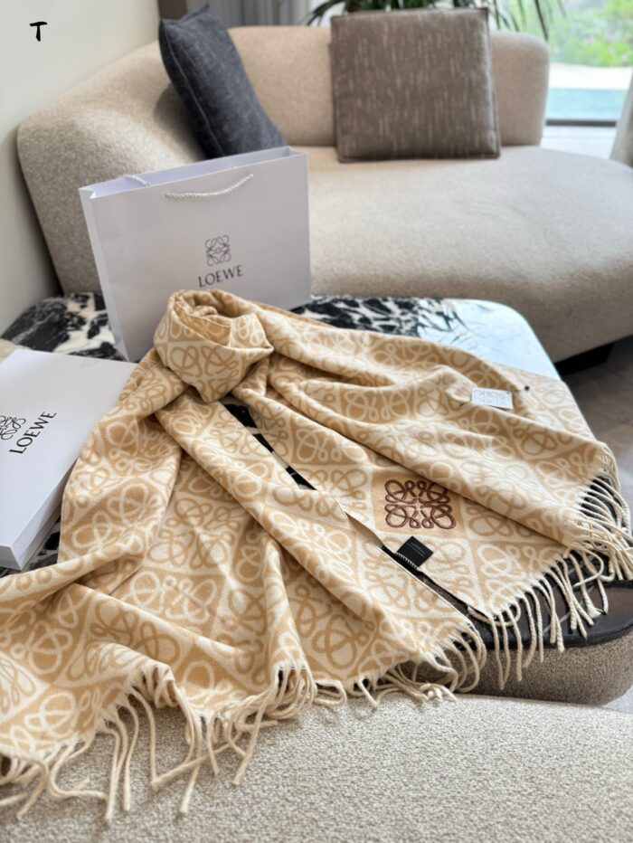 Loewe Double-Sided Anagram Jacquard Pattern Scarf In Latte Colour Neutral Style, Sophisticated, Versatile - Image 1