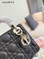 Dior Lady Dior Three-Compartment Handbag Small Leather Texture Dior Monogram Pendant Versatile For Multiple Occasions - Image 3