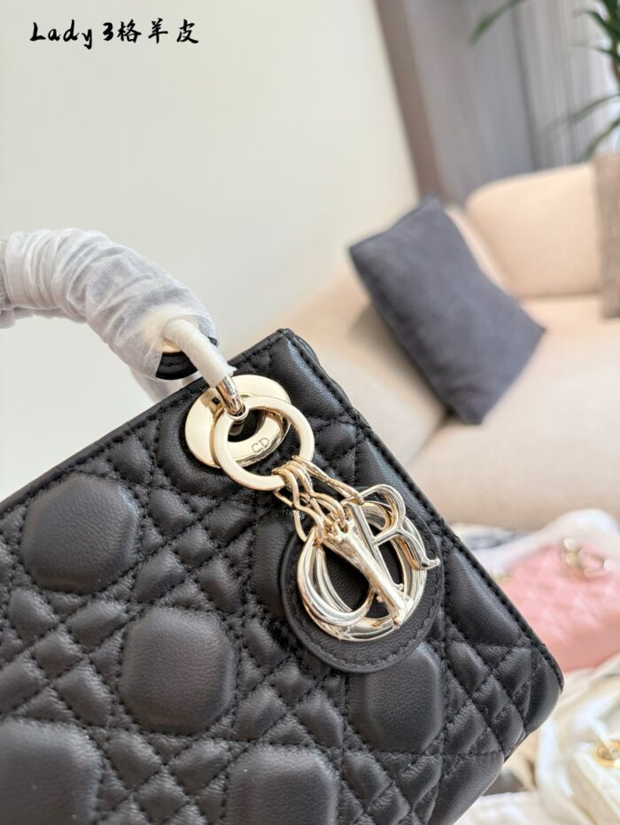 Dior Lady Dior Three-Compartment Handbag Small Leather Texture Dior Monogram Pendant Versatile For Multiple Occasions - Image 3