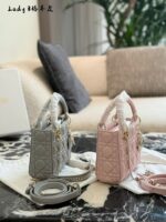 Dior Lady Dior Three-Compartment Handbag Small Leather Texture Dior Monogram Pendant Versatile For Multiple Occasions - Image 12