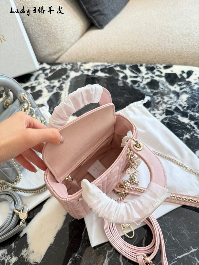 Dior Lady Dior Three-Compartment Handbag Small Leather Texture Dior Monogram Pendant Versatile For Multiple Occasions - Image 14