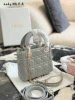 Dior Lady Dior Three-Compartment Handbag Small Leather Texture Dior Monogram Pendant Versatile For Multiple Occasions - Image 16