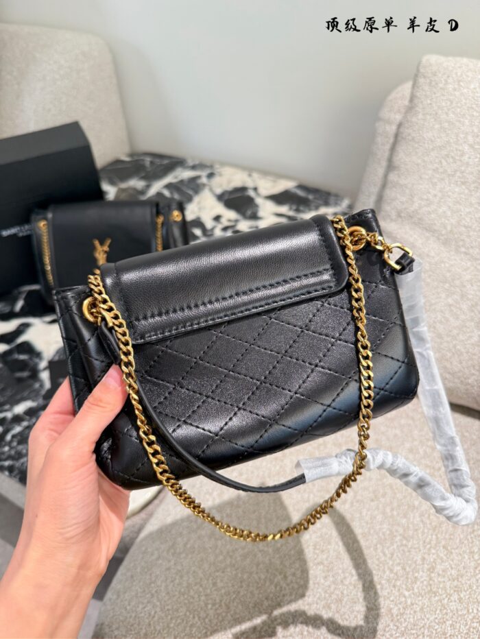 Ysl Nolita Black & Gold Flap Envelope Bag Lambskin With Diamond Quilting Adjustable Chain Strap For Shoulder Or Crossbody Carry - Image 5