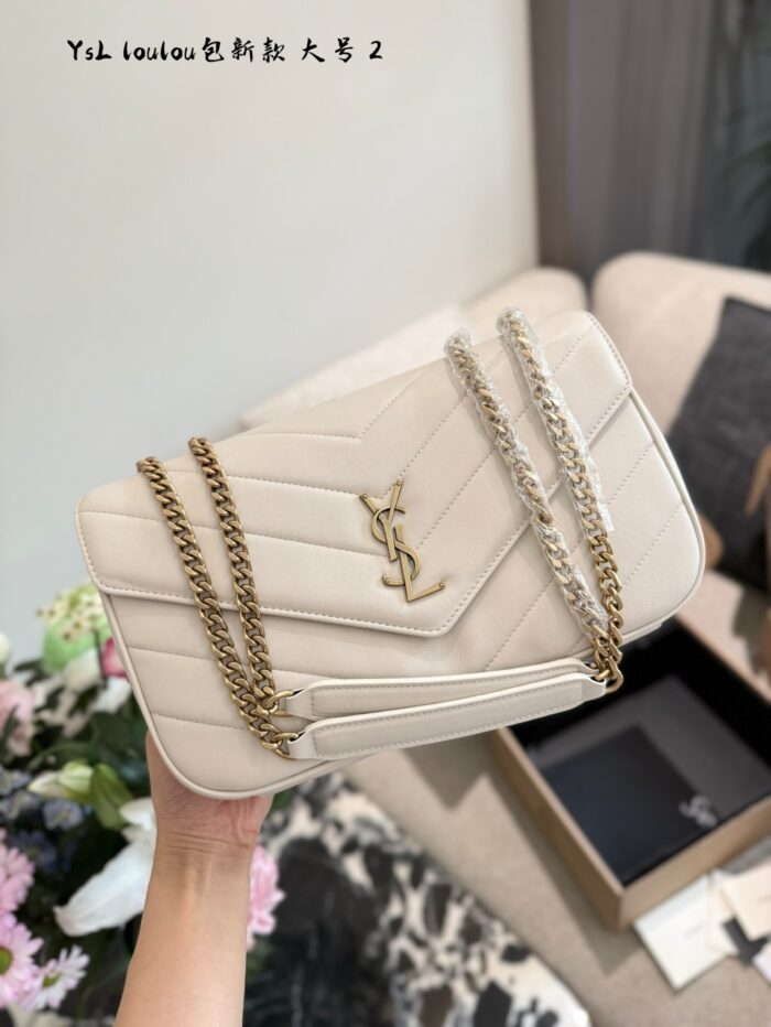 Yves Saint Laurent 25 Pre-Spring Loulou Lambskin Herringbone Quilted Top-Stitch Chain Strap Handbag - Image 4