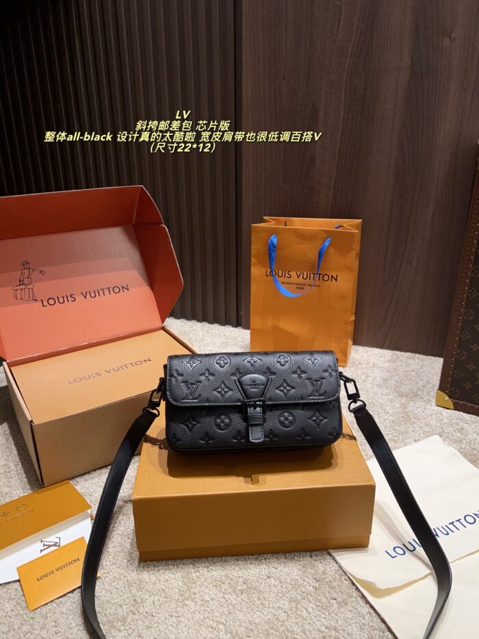 Louis Vuitton Montsouri Embossed Crossbody Messenger Bag Chip Edition All-Black Design Wide Shoulder Strap For Versatility Dual Compartments For Practicality - Image 1