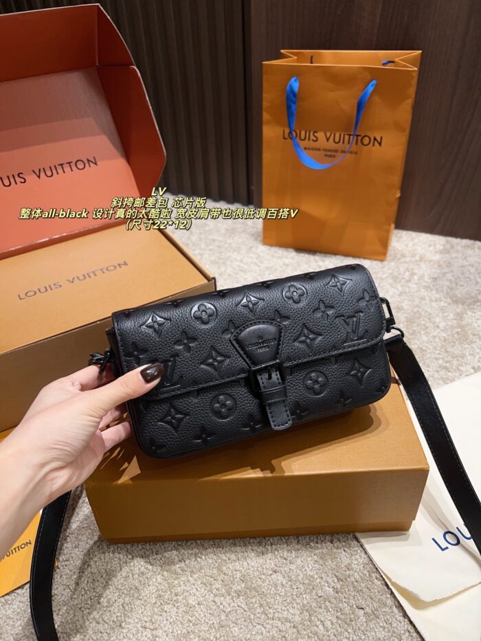 Louis Vuitton Montsouri Embossed Crossbody Messenger Bag Chip Edition All-Black Design Wide Shoulder Strap For Versatility Dual Compartments For Practicality - Image 2