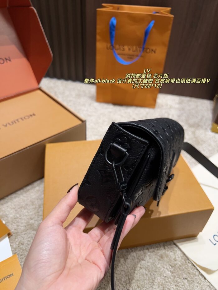 Louis Vuitton Montsouri Embossed Crossbody Messenger Bag Chip Edition All-Black Design Wide Shoulder Strap For Versatility Dual Compartments For Practicality - Image 8
