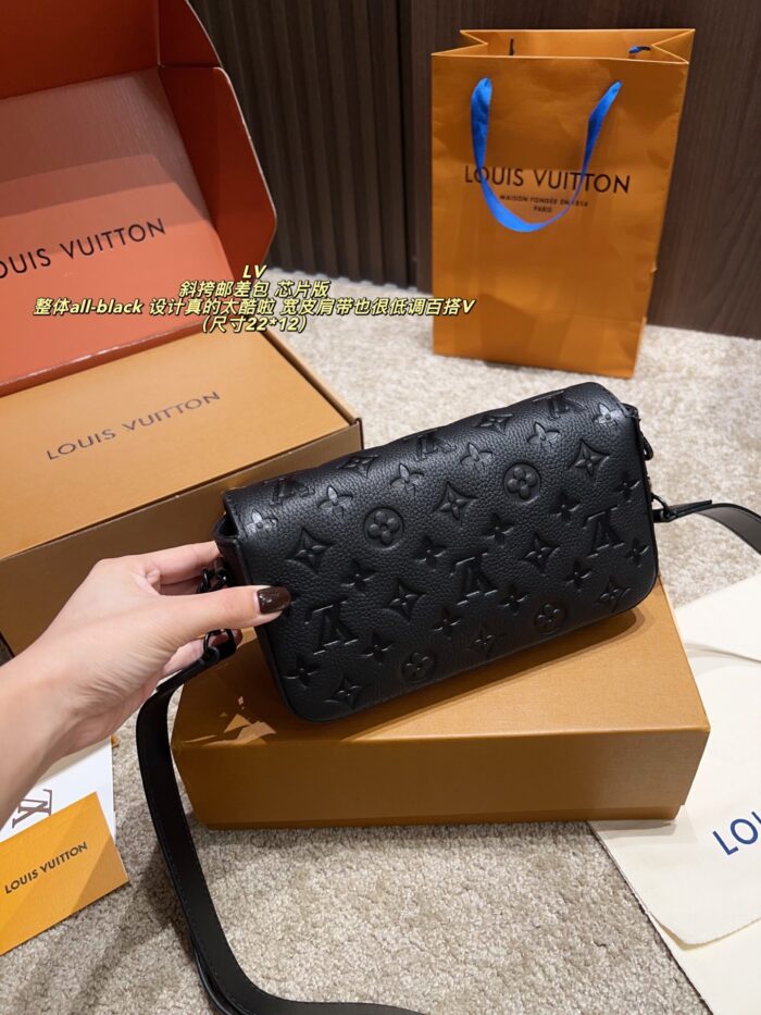 Louis Vuitton Montsouri Embossed Crossbody Messenger Bag Chip Edition All-Black Design Wide Shoulder Strap For Versatility Dual Compartments For Practicality - Image 9