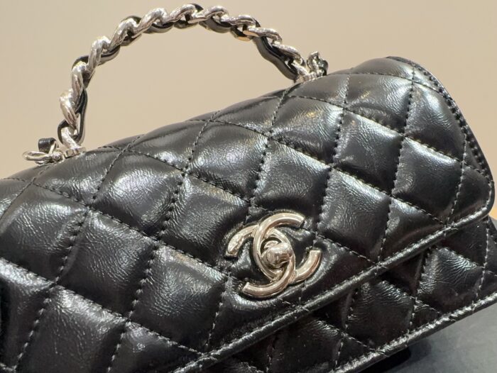 Chanel 23K Leather Chain-Handle Accordion Woc Black & Silver Hardware With Crystal-Studded Handle - Image 9