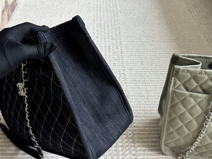 Chanel Denim Tote Shopping Bag Diamond Quilting With Silver Chain Logo Generous Capacity For Commuting And Travel - Image 3