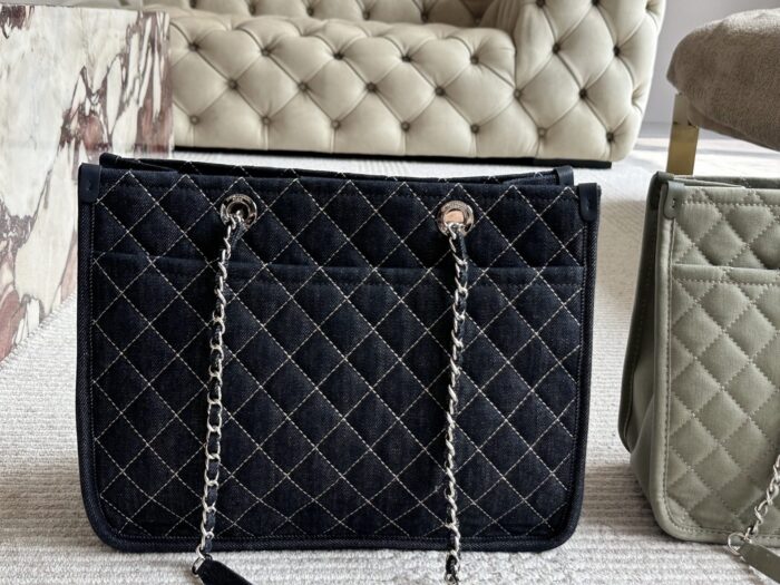 Chanel Denim Tote Shopping Bag Diamond Quilting With Silver Chain Logo Generous Capacity For Commuting And Travel - Image 4