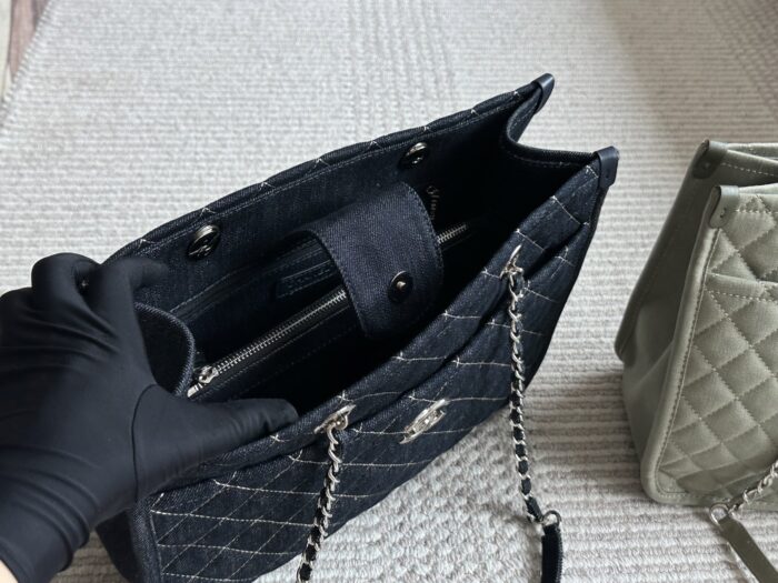 Chanel Denim Tote Shopping Bag Diamond Quilting With Silver Chain Logo Generous Capacity For Commuting And Travel - Image 7