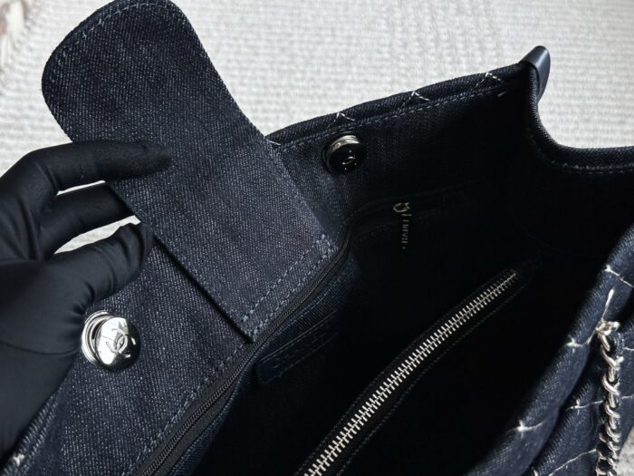 Chanel Denim Tote Shopping Bag Diamond Quilting With Silver Chain Logo Generous Capacity For Commuting And Travel - Image 8
