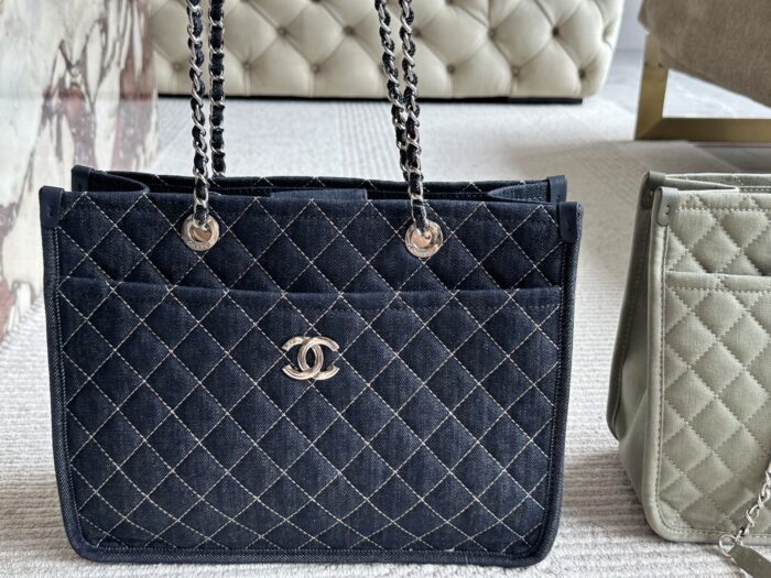 Chanel Denim Tote Shopping Bag Diamond Quilting With Silver Chain Logo Generous Capacity For Commuting And Travel - Image 9