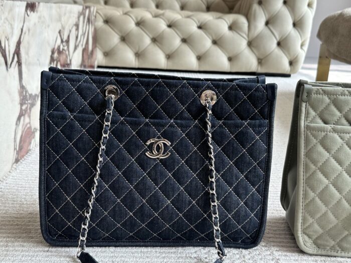 Chanel Denim Tote Shopping Bag Diamond Quilting With Silver Chain Logo Generous Capacity For Commuting And Travel - Image 10