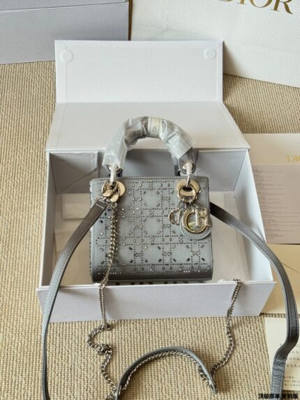 Dior Lady Dior 3-Compartment Silk Hot-Stamped Rhinestone Satin Bag Diamond Diamond-Patterned High-End Version