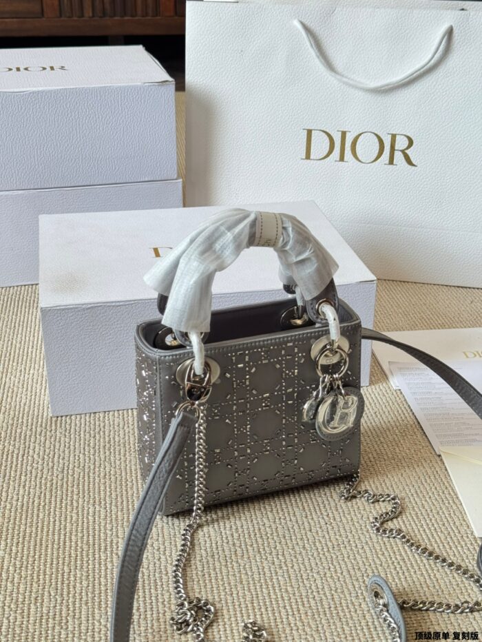 Dior Lady Dior 3-Compartment Silk Hot-Stamped Rhinestone Satin Bag Diamond Diamond-Patterned High-End Version - Image 8