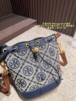 Tory Burch Monogram Distressed Denim Vintage Bucket Bag - Image 5