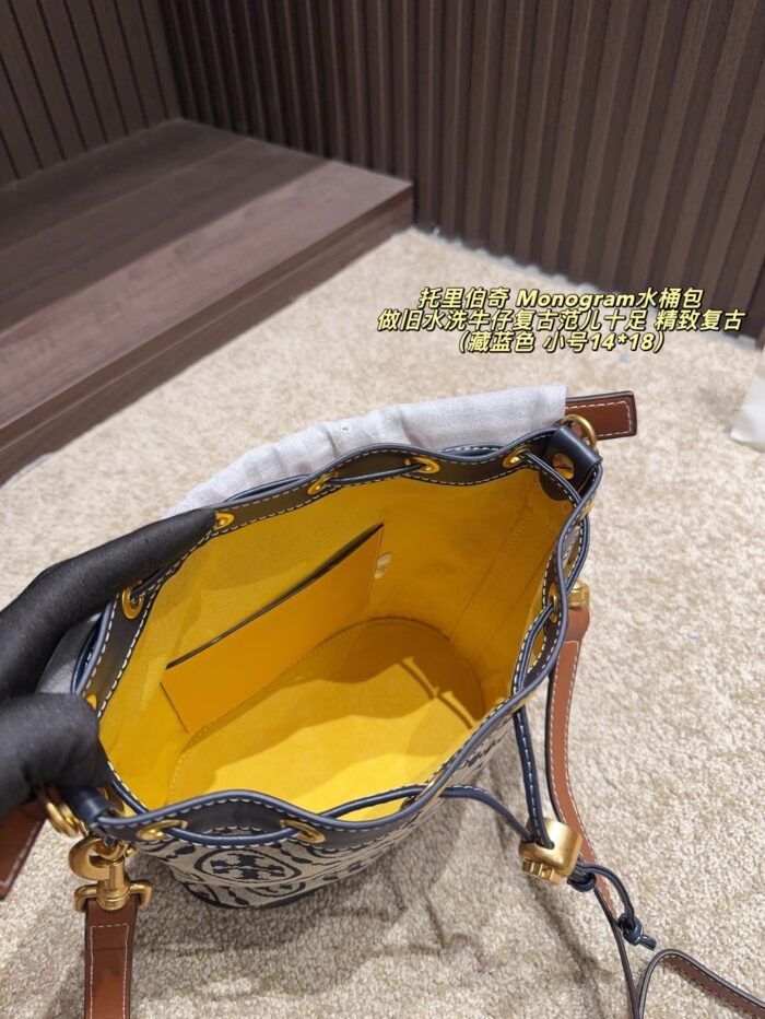 Tory Burch Monogram Distressed Denim Vintage Bucket Bag - Image 6