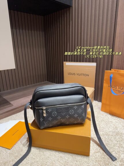 Louis Vuitton Outdoor Messenger Crossbody Bag Camera-Inspired Design Black Calf Leather With Monogram Canvas Versatile For Daily Commutes