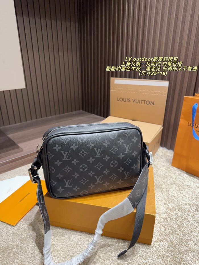 Louis Vuitton Outdoor Messenger Crossbody Bag Camera-Inspired Design Black Calf Leather With Monogram Canvas Versatile For Daily Commutes - Image 3