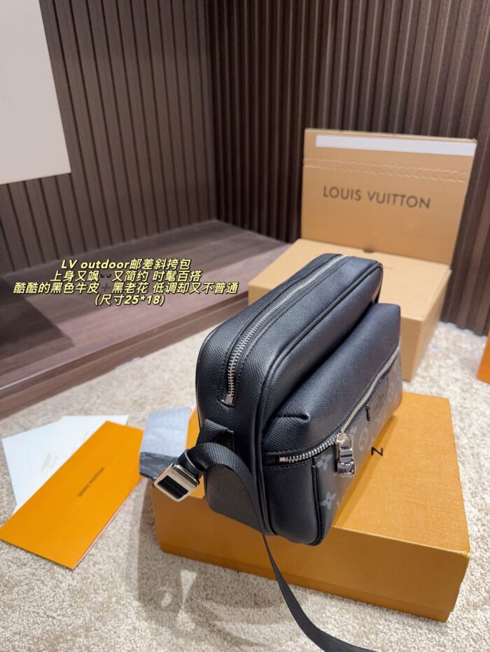Louis Vuitton Outdoor Messenger Crossbody Bag Camera-Inspired Design Black Calf Leather With Monogram Canvas Versatile For Daily Commutes - Image 4