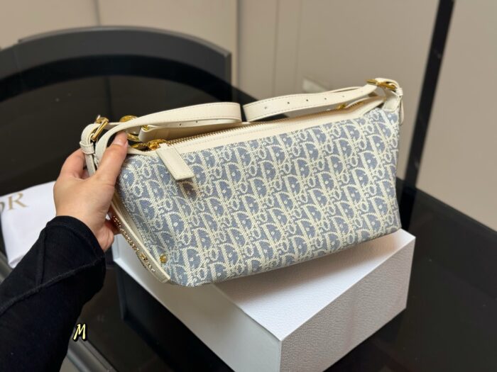 Dior Underarm Lunchbox Bag Light Blue & Beige Patchwork Versatile Elegance Clear Hardware, Clean Lining - Image 2