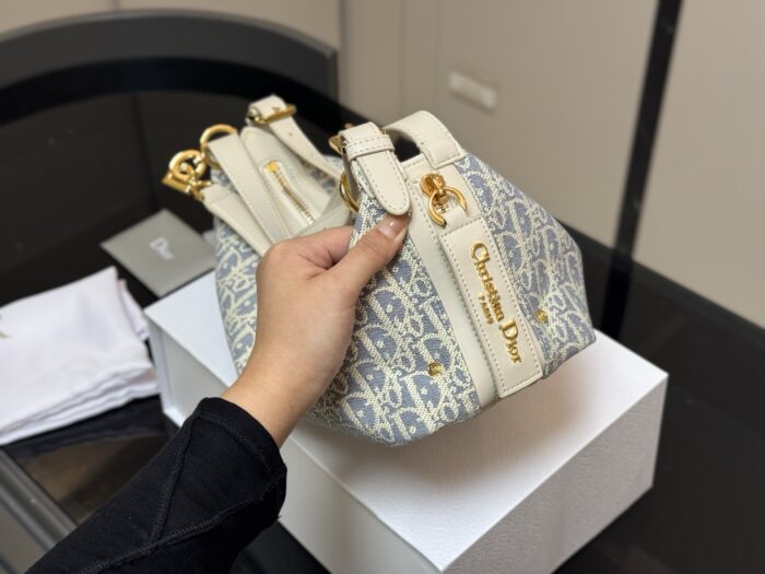 Dior Underarm Lunchbox Bag Light Blue & Beige Patchwork Versatile Elegance Clear Hardware, Clean Lining - Image 6