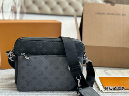 Louis Vuitton Men'S Trio Messenger Bag - Black Monogram Reverse-Colour Patchwork, Detachable Modular Design, Generous Capacity, Structured Silhouette, Leather Triangular Patchwork