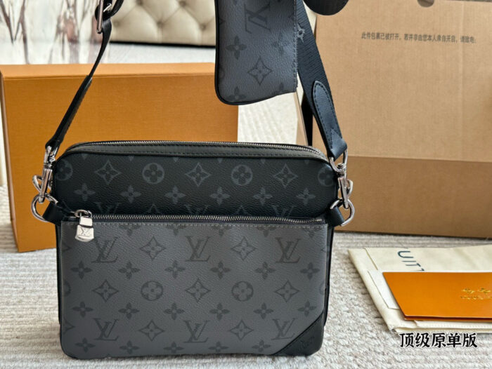 Louis Vuitton Men'S Trio Messenger Bag - Black Monogram Reverse-Colour Patchwork, Detachable Modular Design, Generous Capacity, Structured Silhouette, Leather Triangular Patchwork - Image 8