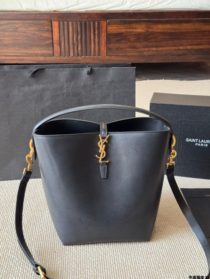 Yves Saint Laurent New Bucket Bag Glossy Calfskin Leather Multiple Carrying Options Metal Feet Classic Silhouette - Image 2