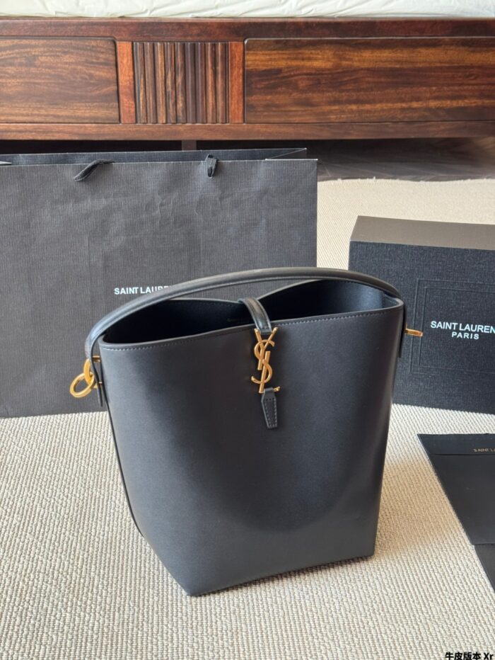 Yves Saint Laurent New Bucket Bag Glossy Calfskin Leather Multiple Carrying Options Metal Feet Classic Silhouette - Image 6
