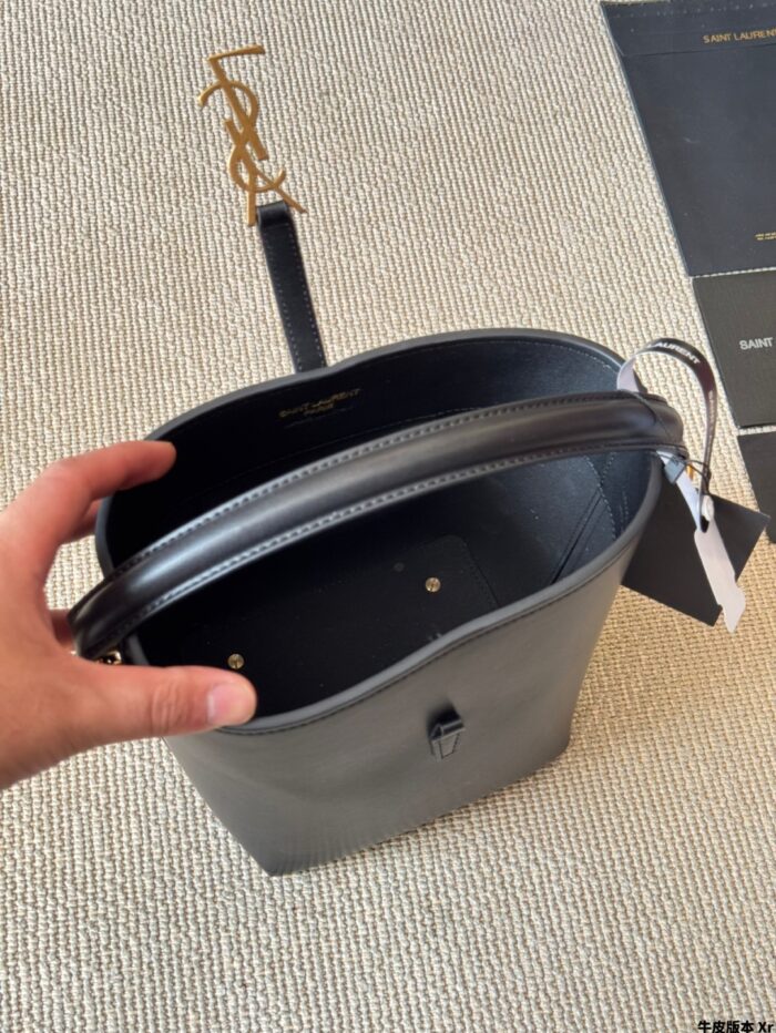 Yves Saint Laurent New Bucket Bag Glossy Calfskin Leather Multiple Carrying Options Metal Feet Classic Silhouette - Image 9