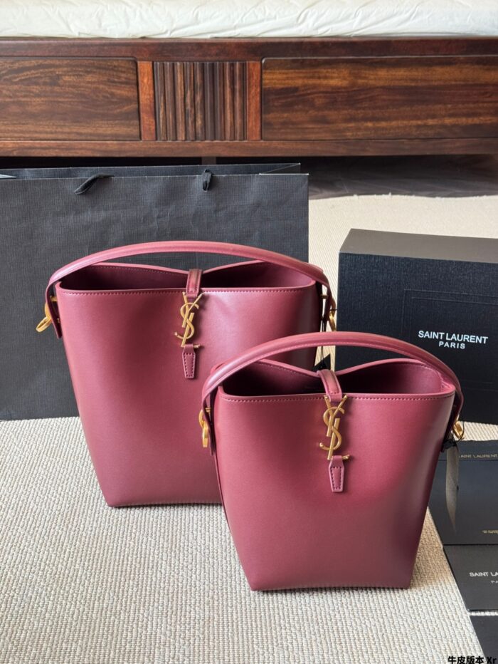 Yves Saint Laurent New Bucket Bag Glossy Calfskin Leather Multiple Carrying Options Metal Feet Classic Silhouette - Image 10