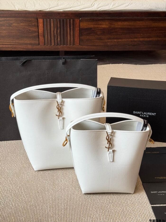 Yves Saint Laurent New Bucket Bag Glossy Calfskin Leather Multiple Carrying Options Metal Feet Classic Silhouette - Image 12