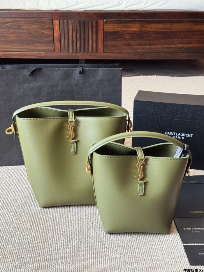 Yves Saint Laurent New Bucket Bag Glossy Calfskin Leather Multiple Carrying Options Metal Feet Classic Silhouette - Image 13