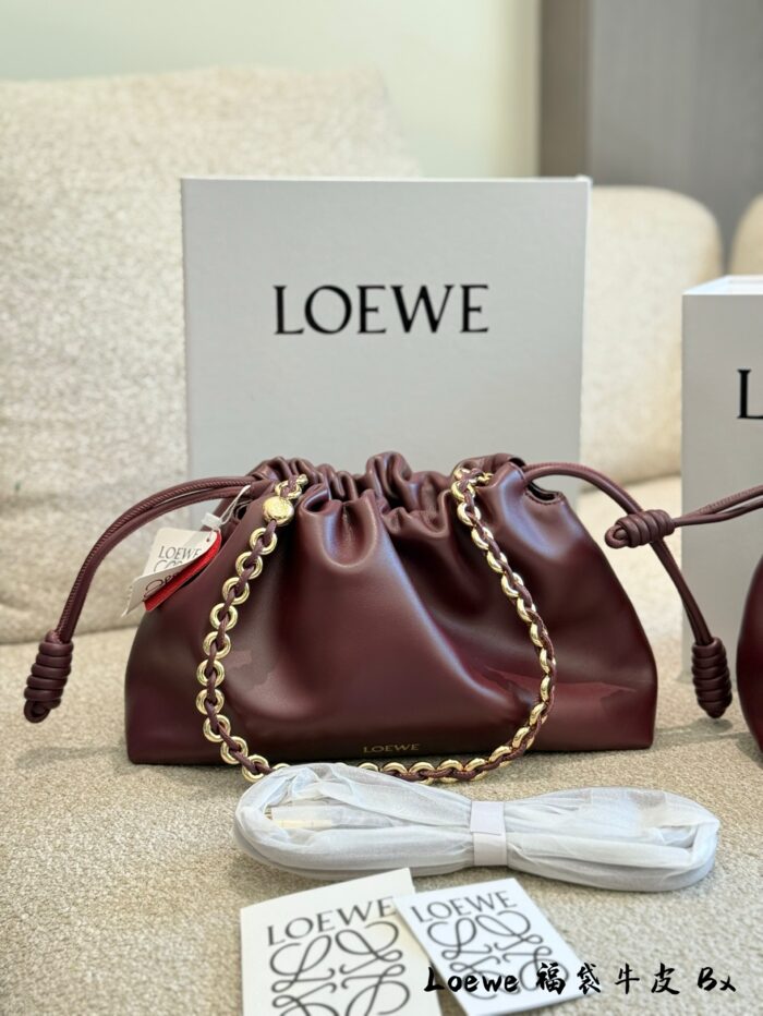 Loewe Flamenco Purse Cloud Bag Lucky Bag Soft Napa Calf Leather Pleated Rope Knot Design Detachable Shoulder Strap Chain With Magnetic Clasp Closure - Image 3