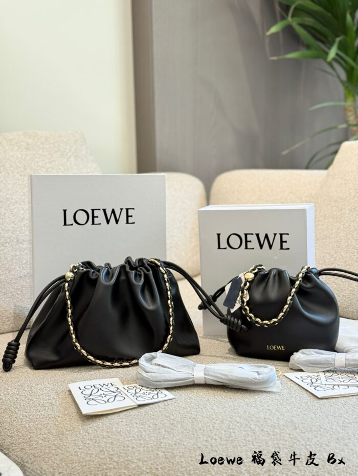 Loewe Flamenco Purse Cloud Bag Lucky Bag Soft Napa Calf Leather Pleated Rope Knot Design Detachable Shoulder Strap Chain With Magnetic Clasp Closure - Image 4