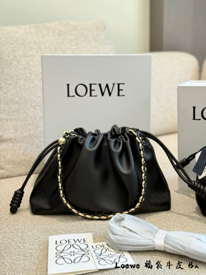 Loewe Flamenco Purse Cloud Bag Lucky Bag Soft Napa Calf Leather Pleated Rope Knot Design Detachable Shoulder Strap Chain With Magnetic Clasp Closure - Image 6