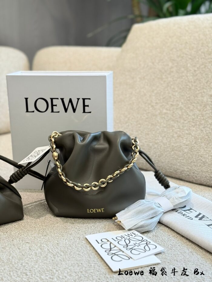 Loewe Flamenco Purse Cloud Bag Lucky Bag Soft Napa Calf Leather Pleated Rope Knot Design Detachable Shoulder Strap Chain With Magnetic Clasp Closure - Image 8