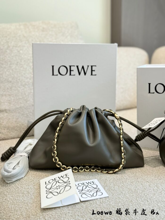 Loewe Flamenco Purse Cloud Bag Lucky Bag Soft Napa Calf Leather Pleated Rope Knot Design Detachable Shoulder Strap Chain With Magnetic Clasp Closure - Image 9