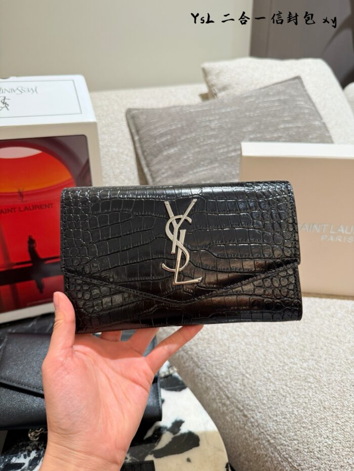 Ysl Uptown Mini Envelope Bag Metal Logo Detachable Chain Strap With Card Holder Italian Calfskin - Image 4