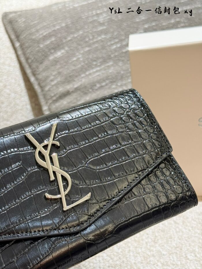 Ysl Uptown Mini Envelope Bag Metal Logo Detachable Chain Strap With Card Holder Italian Calfskin - Image 5