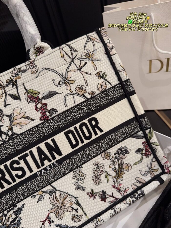 Dior Embroidered Tote Bag With Embossed 3D Embroidery, Lining, And Printed Shoulder Handle - Image 8