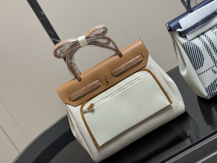 Hermès Autumn/Winter Limited Edition Herbag Madeleine-Inspired Biscuit-Coloured Abstract Pattern Canvas Commuter Bag - Image 7