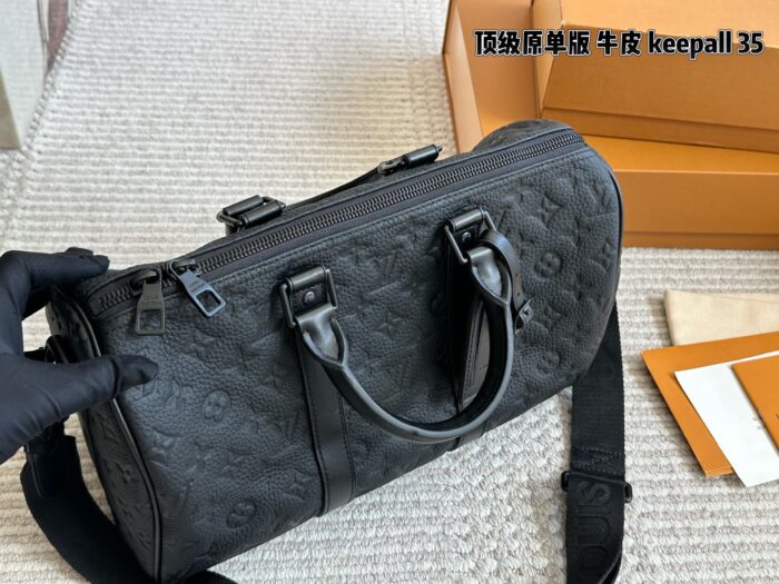 Louis Vuitton Keepall 35 Black Monogram Calfskin Bag With Nylon Wide Shoulder Strap And Luggage Tag - Image 4