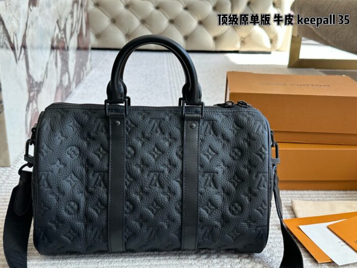 Louis Vuitton Keepall 35 Black Monogram Calfskin Bag With Nylon Wide Shoulder Strap And Luggage Tag - Image 6