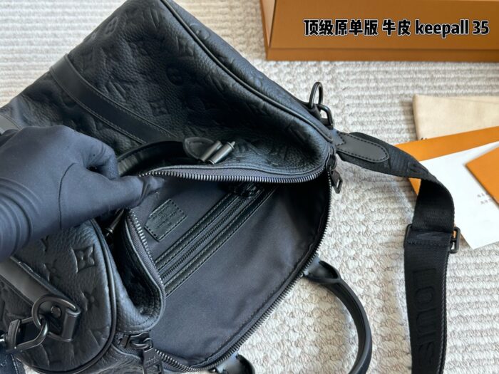 Louis Vuitton Keepall 35 Black Monogram Calfskin Bag With Nylon Wide Shoulder Strap And Luggage Tag - Image 9